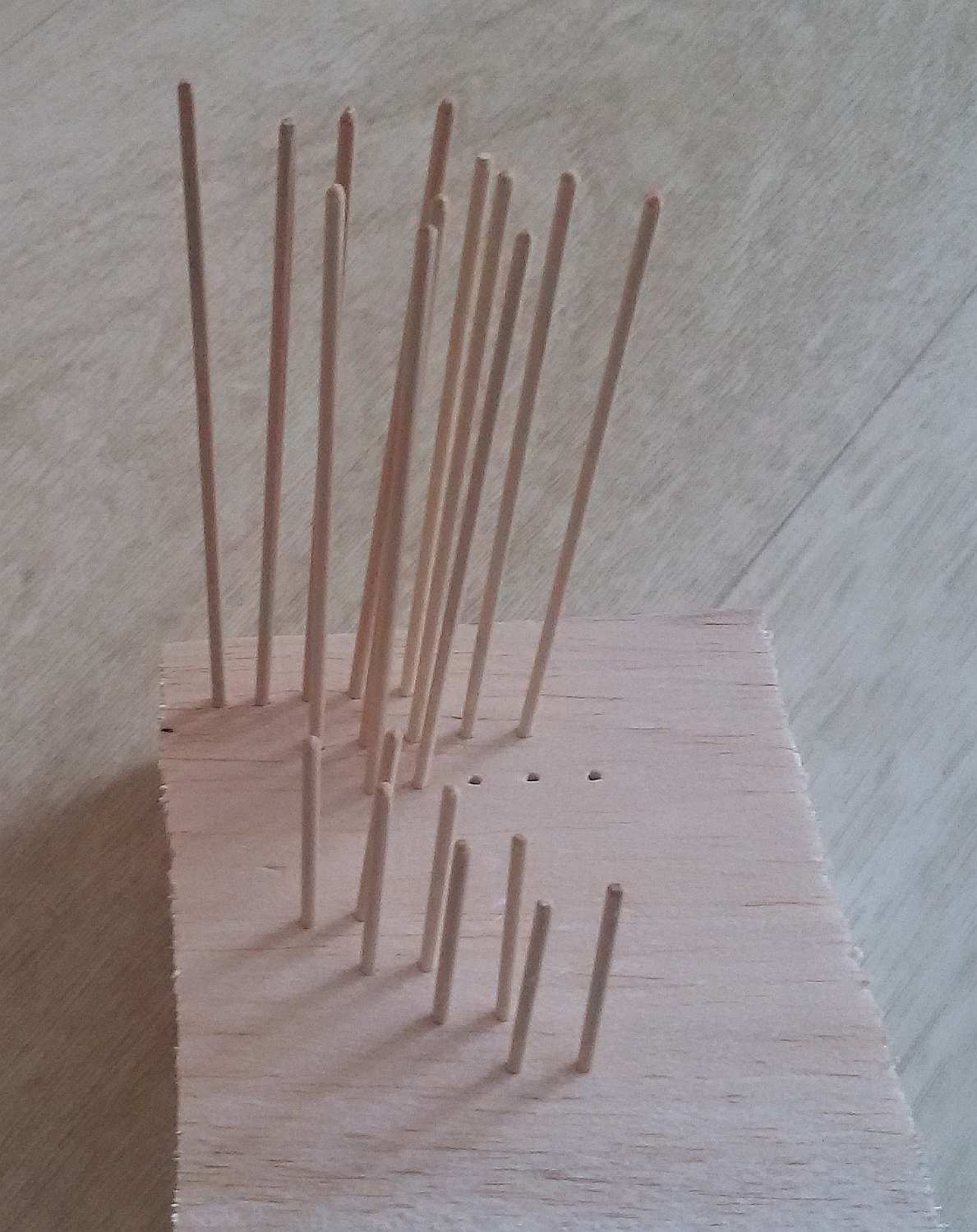 d32.jpg (117.76 KiB) Przejrzano 11786 razy Materiał to lipowy kołek średnicy 2 mm. Ponieważ kolejne żeberka różnią się minimalnie długością, warto ułatwić sobie pracę i mieć je po kolei poukładane.